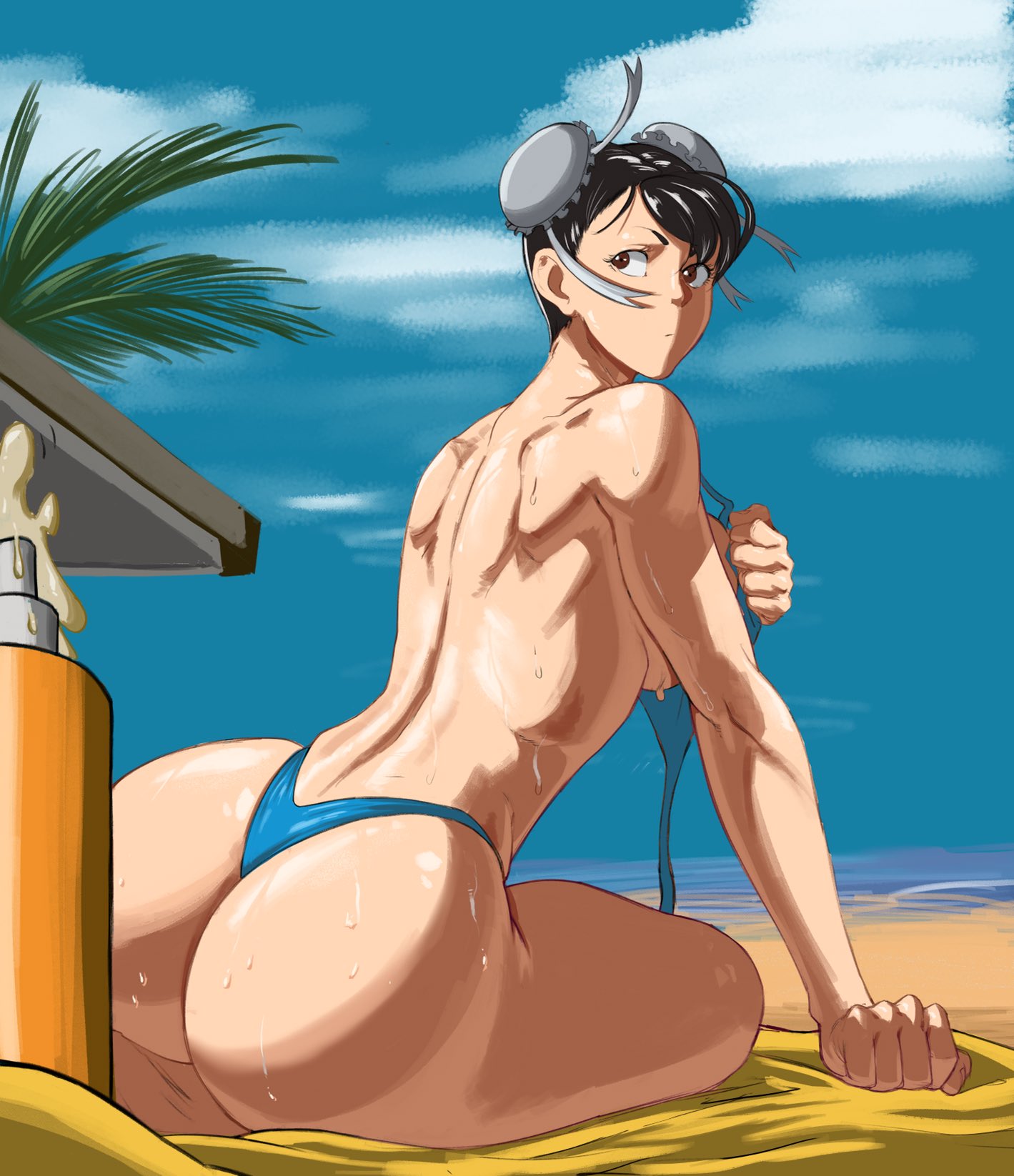 1girl ass back beach bikini black_hair blue_bikini blue_sky breasts brown_eyes bun_cover chun-li day double_bun from_behind hair_bun highres large_breasts looking_back ocean octavius_(octavius_dp) short_hair sideboob sitting sky solo street_fighter sunbathing sweat swimsuit thong_bikini toned topless untied untied_bikini yokozuwari