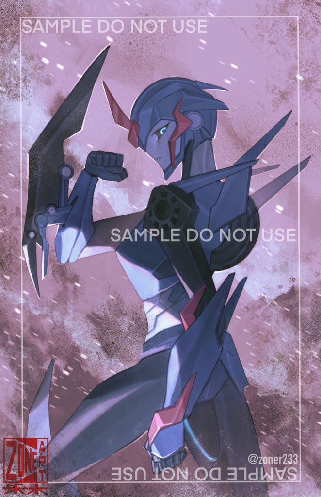 1girl arcee autobot black_sclera blue_eyes clenched_hands colored_sclera commission english_commentary from_side glowing glowing_eye looking_back mecha parted_lips robot sample_watermark science transformers transformers_prime twitter watermark zoner