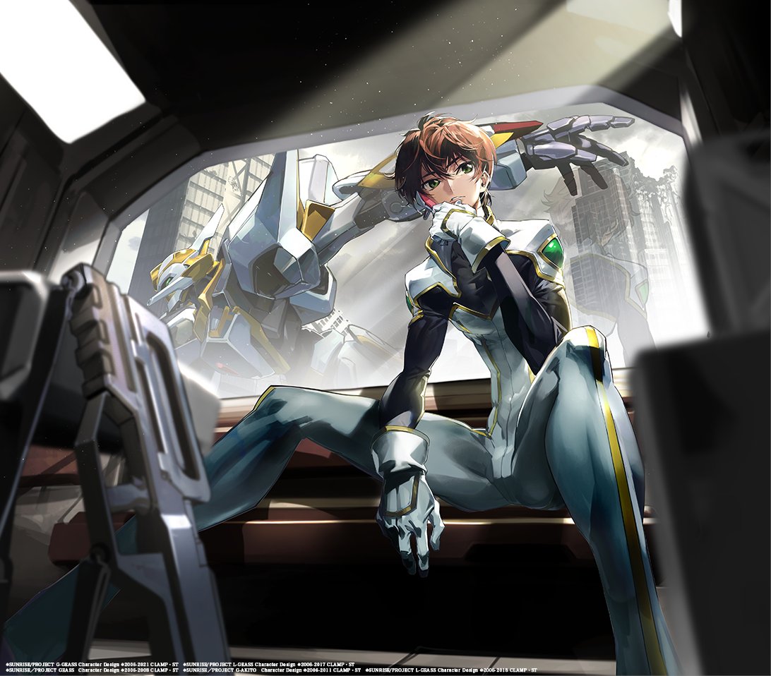 1boy brown_hair code_geass code_geass:_genesic_re;code gloves green_eyes gun hair_behind_ear knightmare_frame kururugi_suzaku lancelot_(code_geass) leaning_forward male_focus open_hand pilot_suit science sitting skin_tight solo_focus submachine_gun vehicle_interior weapon white_gloves whoopin