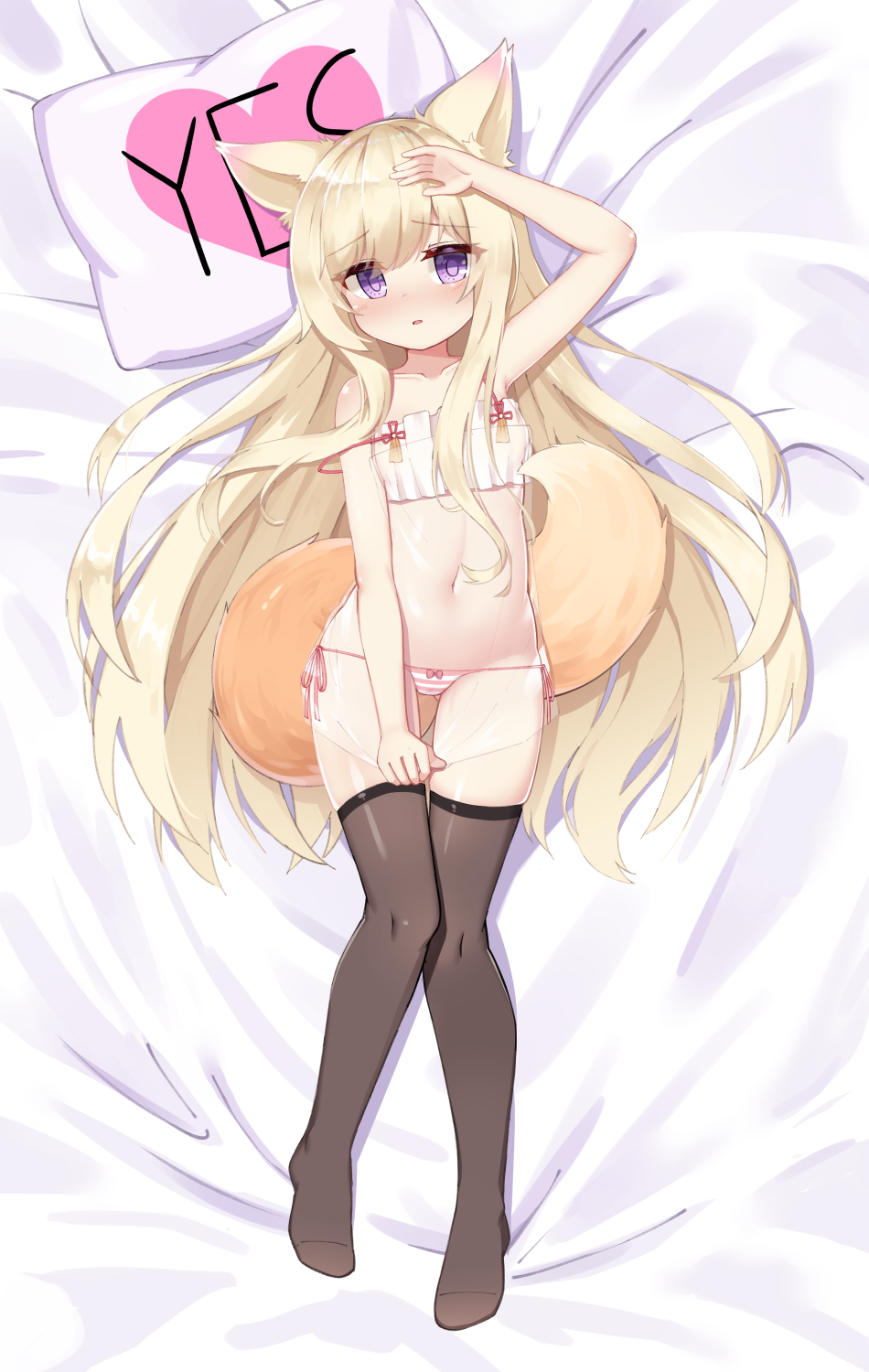 1girl animal_ear_fluff animal_ears arm_up ass_visible_through_thighs bangs banned_artist bare_arms bare_shoulders bed_sheet blonde_hair blush bow bow_panties brown_thighhighs collarbone commentary cp00 english_commentary fox_ears fox_girl fox_tail highres long_hair lying navel no_shoes nose_blush on_back original panties parted_lips pillow purple_eyes revision see-through side-tie_panties solo strap_slip striped striped_panties tail thighhighs underwear underwear_only very_long_hair yes yes-no_pillow