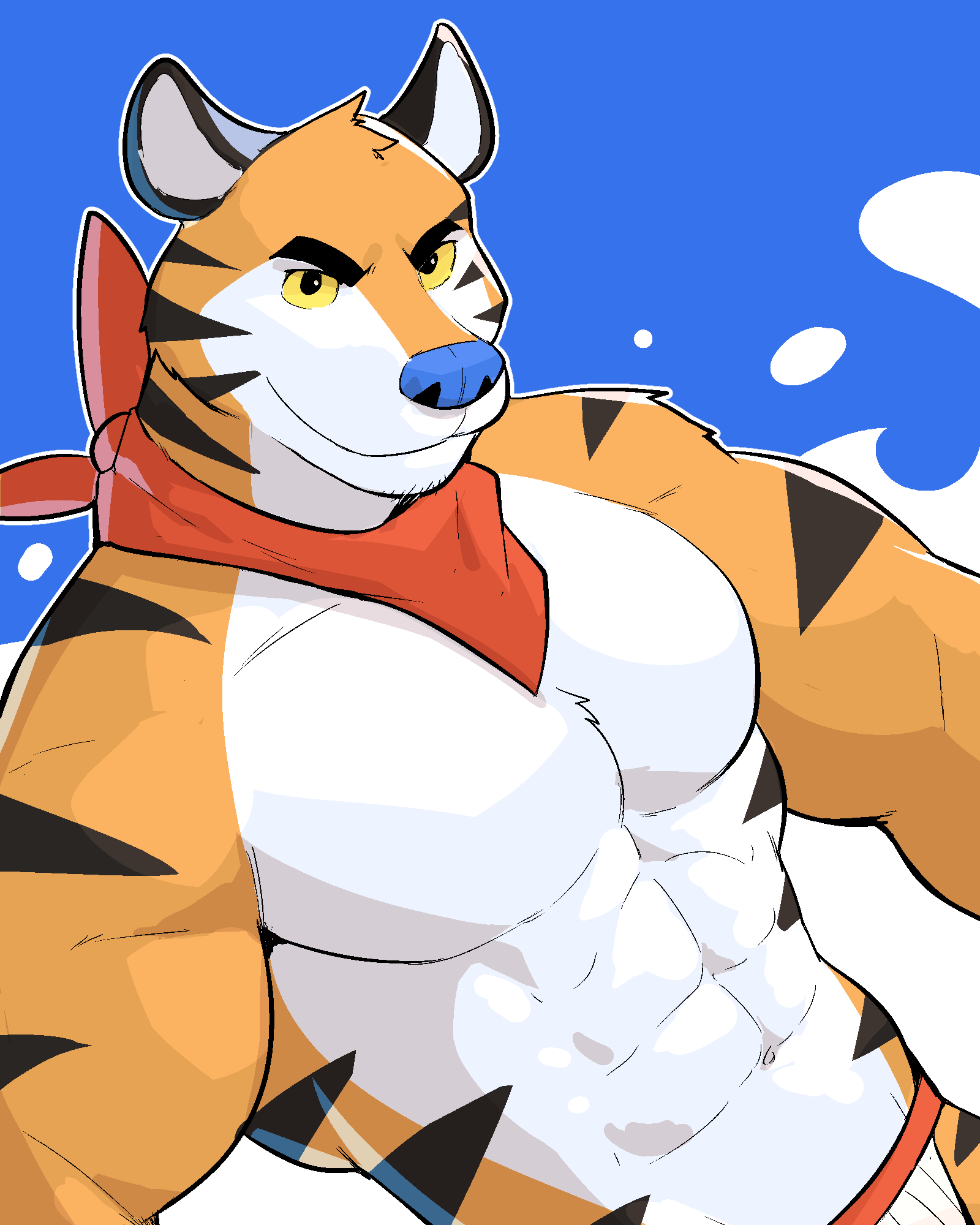 2022 abs anthro big_muscles blue_background clothing eyebrows felid frosted_flakes fur hi_res jockstrap jrjresq kellogg's looking_at_viewer male mammal mascot milk muscular muscular_anthro muscular_male navel neckerchief pantherine pecs simple_background smile solo tiger tony_the_tiger tuft underwear white_background