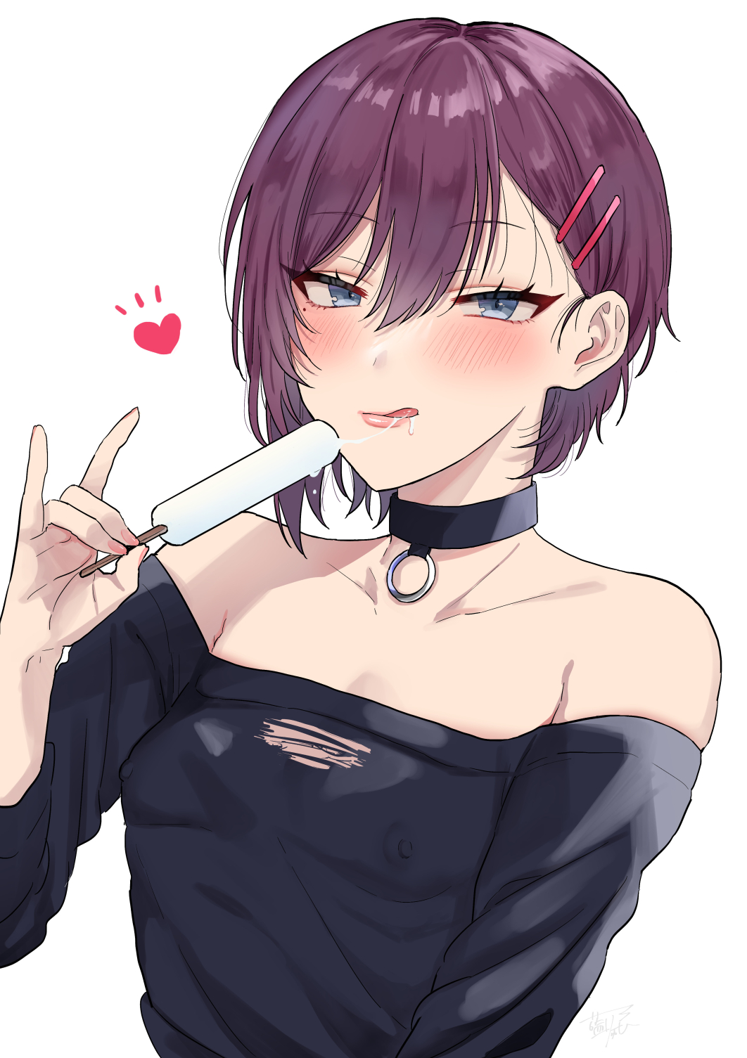 1boy aina123 asymmetrical_hair bangs black_shirt blue_eyes blush choker collarbone commentary_request crossdressing eyelashes food hair_ornament hairclip hand_up heart highres holding licking_lips looking_at_viewer male_focus medium_hair off-shoulder_shirt off_shoulder original otoko_no_ko popsicle puffy_chest purple_hair shiny shiny_hair shirt signature simple_background single_sidelock suggestive_fluid tongue tongue_out torn_clothes torn_shirt upper_body v-shaped_eyebrows