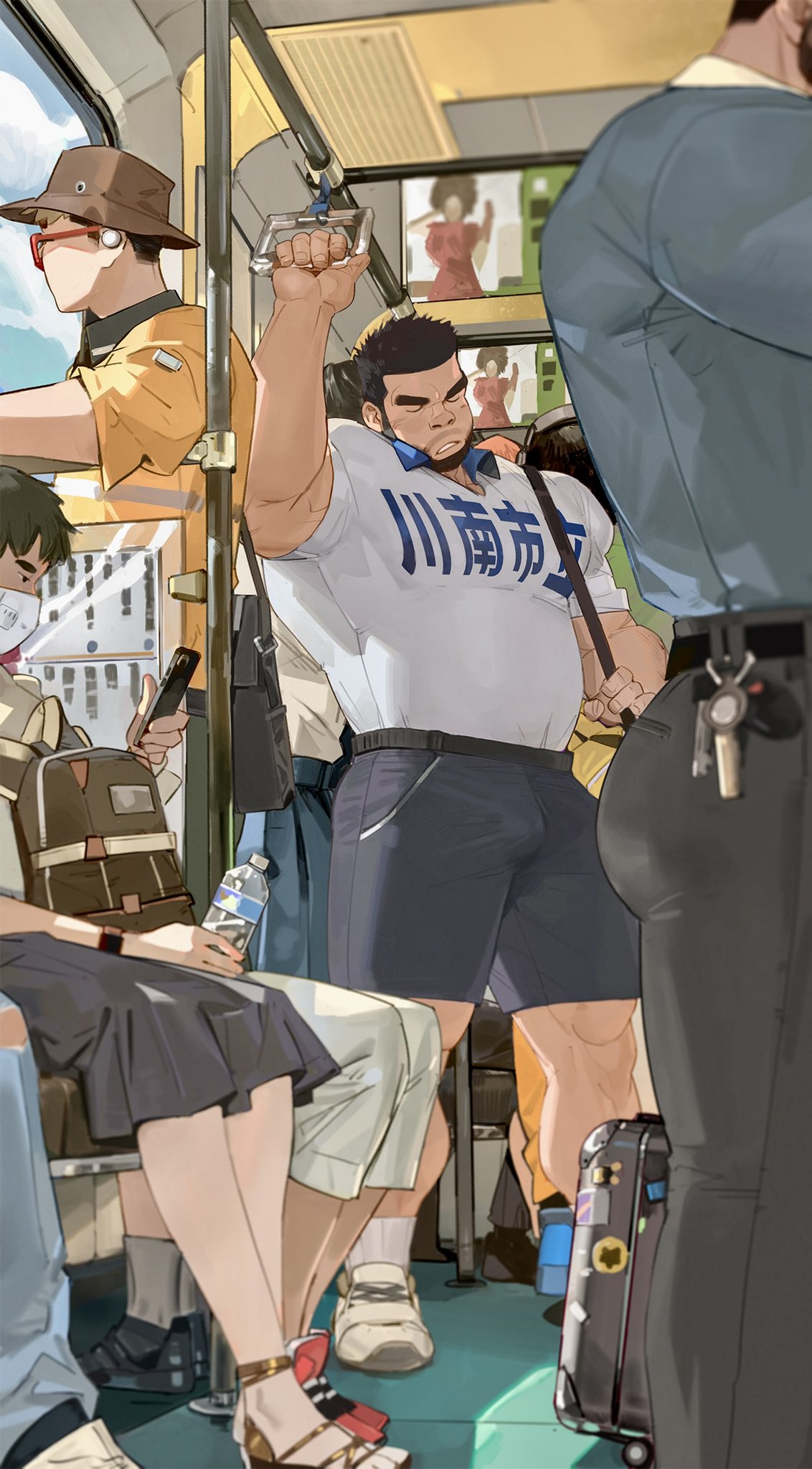 1girl 3boys ass bag bara black_hair black_pants black_shorts bottle closed_eyes collared_shirt crowd crowded facial_hair ground_vehicle hat highres holding holding_bottle holding_phone key keychain large_pectorals leather leather_belt looking_to_the_side male_focus manly mask mature_male multiple_boys multiple_girls muscular muscular_male original pants pectorals people phone poster_(object) sandals shirt shoes short_hair shorts shoulder_bag sitting skirt snickers socks t-shirt thick_arms thick_eyebrows thick_thighs thighs tight tooboshoo train train_interior water water_bottle white_shirt