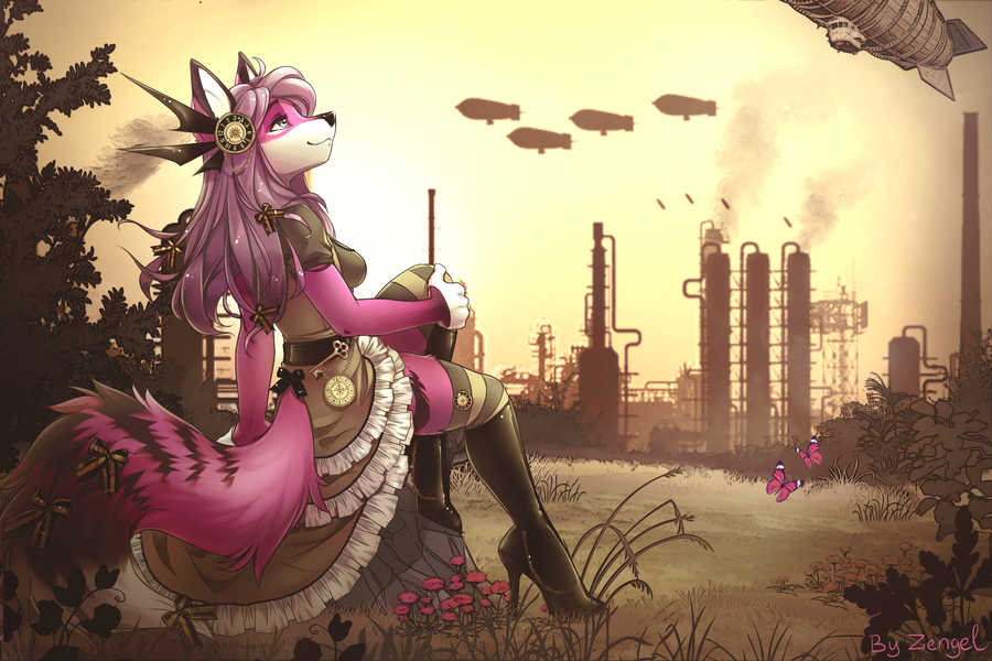 2015 3:2 aircraft airship anthro arthropod biped boots butterfly canid canine clothed clothing detailed_background digital_media_(artwork) dress female flower footwear fox fully_clothed fur grass hair hand_on_own_knee high_heels insect iskra knee_boots knee_highs legwear lepidopteran long_hair mammal outside pink_body pink_fur pink_hair plant selene_leni shaded solo steampunk