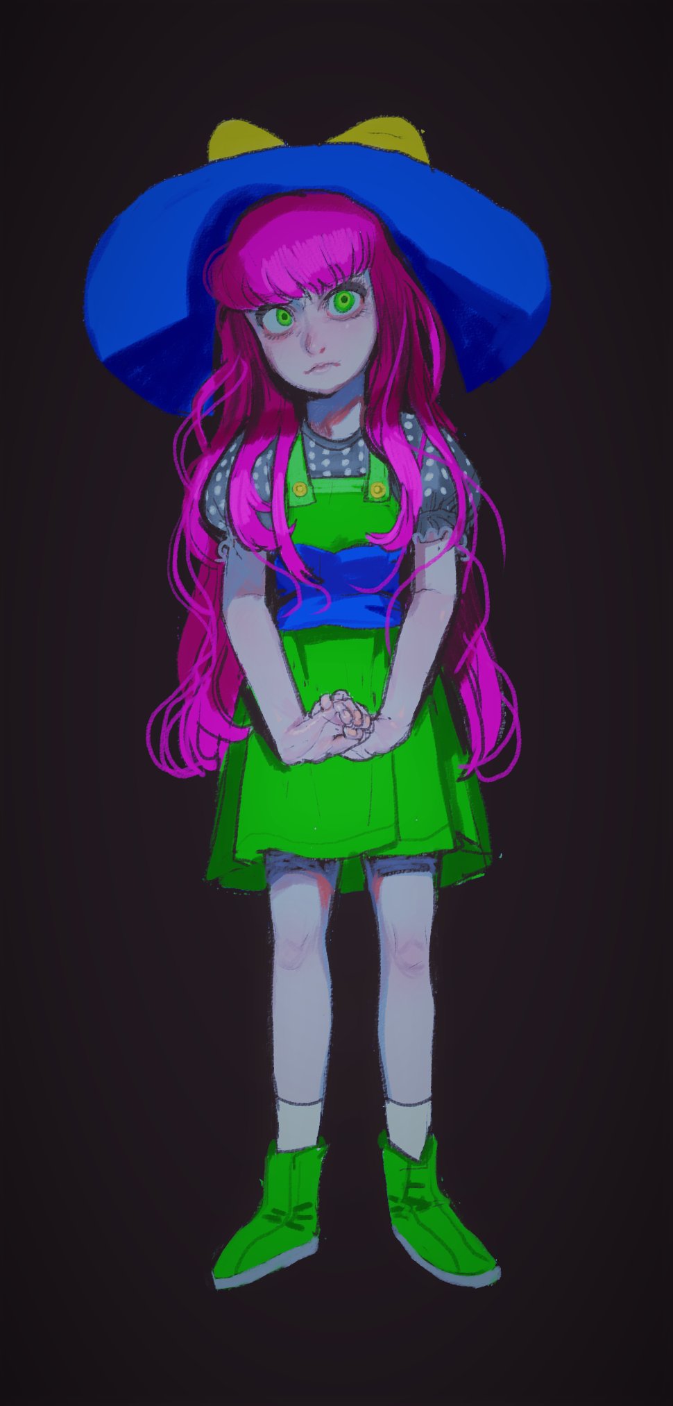 1girl black_background child closed_mouth dress full_body green_dress green_eyes green_footwear hat highres long_hair looking_at_viewer mossacannibalis original own_hands_together pinafore_dress pink_hair puffy_short_sleeves puffy_sleeves shoes short_sleeves socks solo white_socks