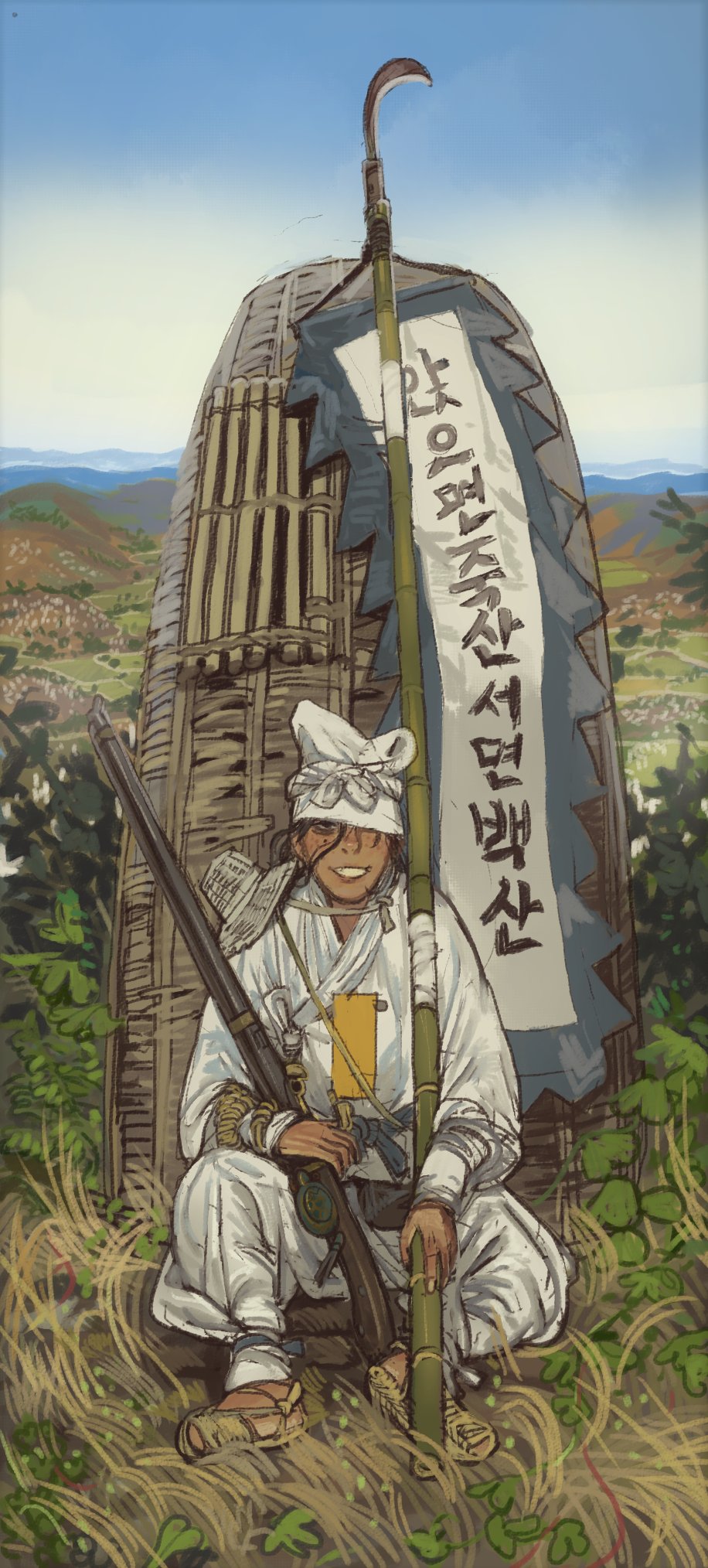 1boy black_eyes blue_sky day freckles grin gun hat highres looking_at_viewer male_focus mossacannibalis original outdoors pants rifle sky smile solo weapon white_headwear white_pants