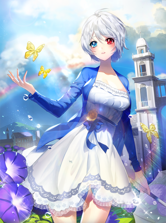 1girl ahoge animal blue_bow blue_eyes blush bow breasts bug building butterfly cleavage cloud cloudy_sky collar day diffraction_spikes dress eyelashes flower glint grey_hair hair_between_eyes hair_ears heterochromia holding holding_umbrella iri_flina light_particles light_rays mountain outdoors parted_lips purple_flower rainbow red_eyes sai4898 see-through short_hair sky sword_girls transparent transparent_umbrella umbrella water_drop white_dress yellow_butterfly