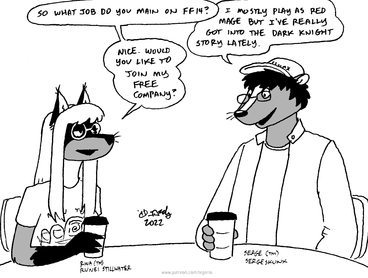 2022 anthro baseball_cap clothed clothing coffee_cup container cup dialogue duo english_text eyewear female glasses gloves_(marking) greyscale hat headgear headwear male male/female mammal markings mephitid monochrome rina_(runei) serge_wolf skunk tegerio text whiskers