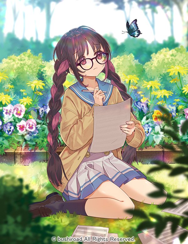 1girl animal bangs black-framed_eyewear black_hair black_socks blue_flower blue_sailor_collar blurry blurry_background blurry_foreground braid brown_cardigan brown_footwear bug butterfly cardfight!!_vanguard cardigan closed_mouth commentary_request day depth_of_field flower glasses holding loafers long_hair looking_away looking_up miyoshino multicolored_hair official_art open_cardigan open_clothes outdoors pink_hair pleated_skirt purple_flower red_eyes red_flower sailor_collar school_uniform serafuku shoes sitting skirt socks solo twin_braids twintails two-tone_hair very_long_hair wariza white_skirt yellow_flower