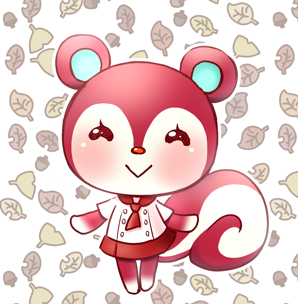 animal_crossing anthro big_tail blue_inner_ear blush clothing digital_media_(artwork) eyes_closed female luebi mammal multicolored_body nintendo poppy_(animal_crossing) red_body red_nose ribbons rodent round_ears sciurid smile solo standing tree_squirrel two_tone_body uniform video_games white_body