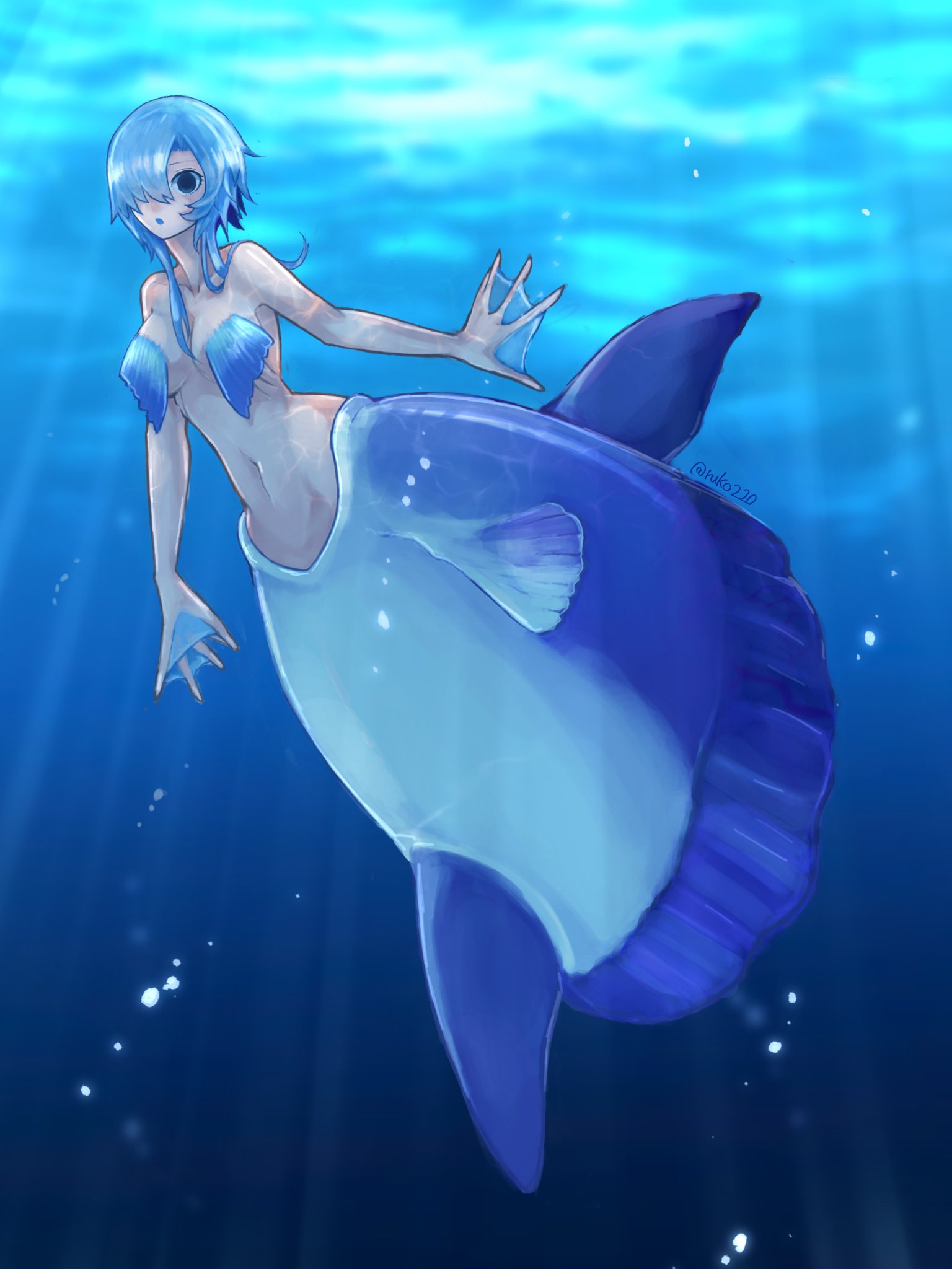 1girl :o air_bubble blue_eyes blue_hair breasts bubble completely_nude fins full_body gills hair_over_one_eye highres long_hair looking_at_viewer medium_breasts mermaid monster_girl navel nude one_eye_covered original parted_lips ruteko_(ruko220) solo sunfish twitter_username underwater webbed_hands wide-eyed