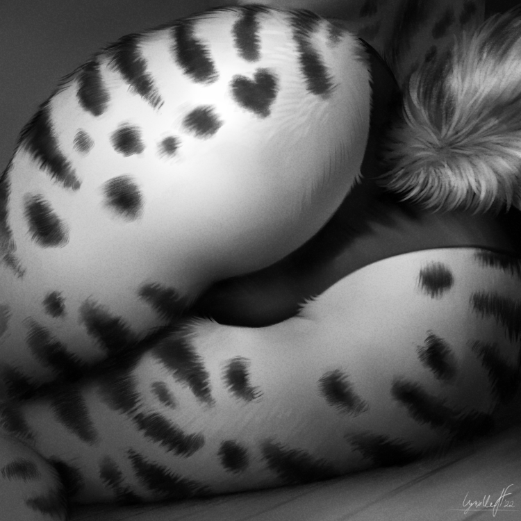 anthro butt butt_focus clothed clothing felid feline felis female fur lying lynxwolf lynxwolf2 mammal monochrome on_side panties partially_clothed presenting presenting_hindquarters rivka_(sausysandwich) serval simple_background solo spots spotted_body spotted_fur underwear