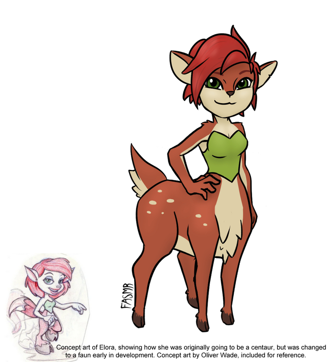 2020 activision breasts brown_body brown_fur cervid cervid_taur cleavage clothed clothing elora english_text fartingasmr female fur green_clothing green_eyes green_topwear hand_on_hip looking_at_viewer mammal mammal_taur scut_tail short_tail signature simple_background solo spyro_the_dragon taur text topwear video_games white_background