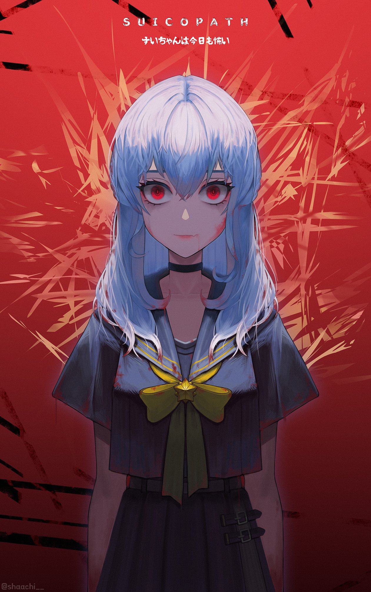 1girl blood blood_on_clothes blood_on_face blue_hair blue_sailor_collar highres hololive hoshimachi_suisei red_eyes ribbon sailor_collar shaachi solo virtual_youtuber yandere yellow_ribbon