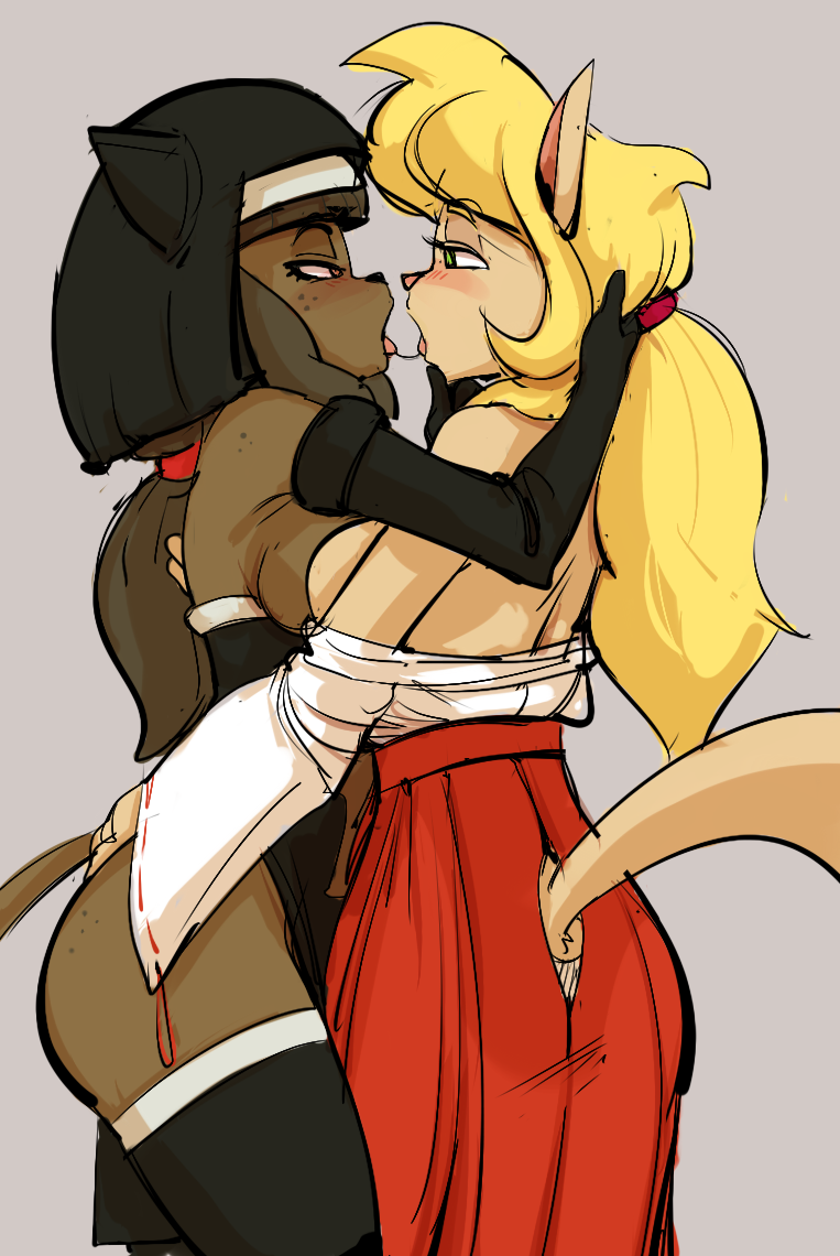 2019 accessory after_kiss ankama anthro anthro_on_anthro armwear asian_clothing bedroom_eyes black_clothing black_eyebrows black_gloves black_handwear black_legwear black_nose black_thigh_highs blonde_eyebrows blush blush_lines bodily_fluids bottomwear breasts brown_body brown_eyes brown_fur brown_hair callie_briggs clothed clothing colored_sketch crossover dbaru digital_media_(artwork) dofus domestic_cat east_asian_clothing ecaflip elbow_gloves embrace exposed_breasts eye_contact eyebrows eyelashes felid feline felis female female/female freckles fur gloves green_eyes hair hair_accessory hairband hakama hand_on_back hand_on_butt handwear hanna-barbera head_grab japanese_clothing legwear long_hair looking_at_another mammal medium_breasts miranda_(wakfu) narrowed_eyes nun nun_habit nun_outfit open_mouth partially_clothed pink_nose ponytail red_bottomwear red_clothing red_hairband red_hakama saliva saliva_string seductive shrine_maiden side_view sketch standing swat_kats tan_body tan_fur thigh_highs tongue tongue_out topwear touching_hair video_games wakfu white_clothing white_haori white_topwear