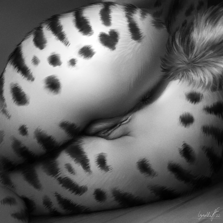 anthro anus butt butt_focus digital_media_(artwork) felid feline felis female fur genitals lying lynxwolf lynxwolf2 mammal monochrome nude on_side presenting presenting_hindquarters pussy rivka_(sausysandwich) serval simple_background solo spots spotted_body spotted_fur