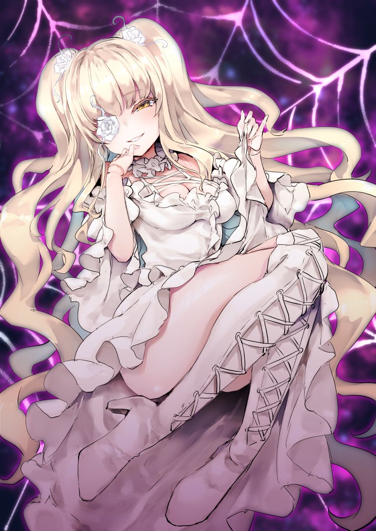 1girl blonde_hair blush boots breasts cleavage collar convenient_leg doll_joints dress eyepatch flower flower_eyepatch flower_over_eye frilled_collar frills full_body hair_flower hair_ornament high_heel_boots high_heels joints kirakishou knee_boots long_hair looking_at_viewer medium_breasts parted_lips rose rozen_maiden silk smile solo spider_web tousen very_long_hair wavy_hair white_dress white_flower white_footwear white_rose yellow_eyes
