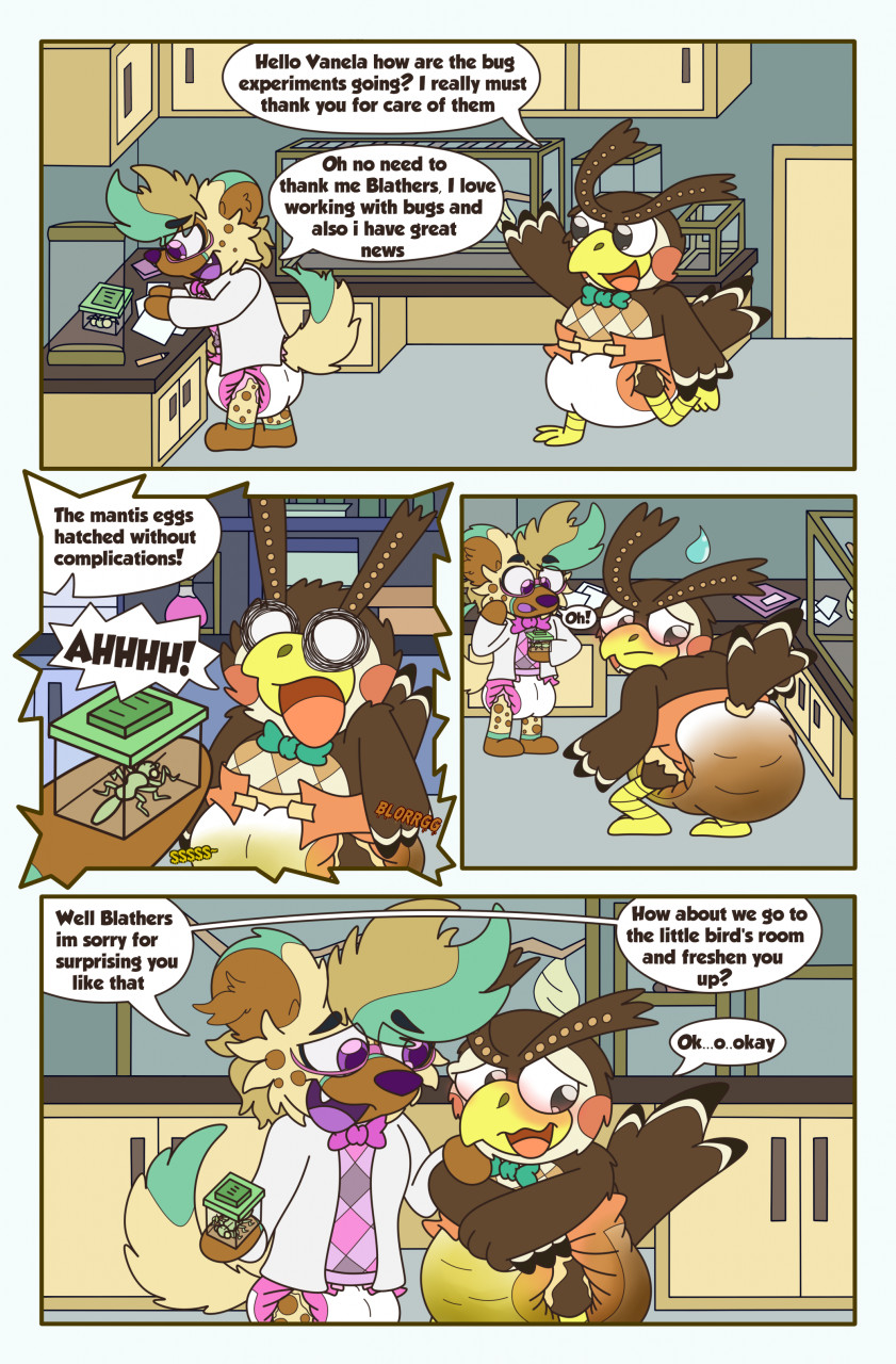 animal_crossing anthro avian beak bird blathers_(animal_crossing) blush bodily_fluids bow_tie brown_body clean_diaper clothed clothing comic dialogue diaper diaper_fetish digital_media_(artwork) duo english_text feathered_wings feathers feces full_diaper fur genital_fluids hair hi_res hyaenid hyper423 male mammal messing messing_diaper messy_diaper nintendo open_mouth owl peeing pooping scat smile soiled_diaper soiling soiling_diaper speech_bubble spotted_hyena text tongue urine video_games wet_diaper wetting wetting_diaper wings