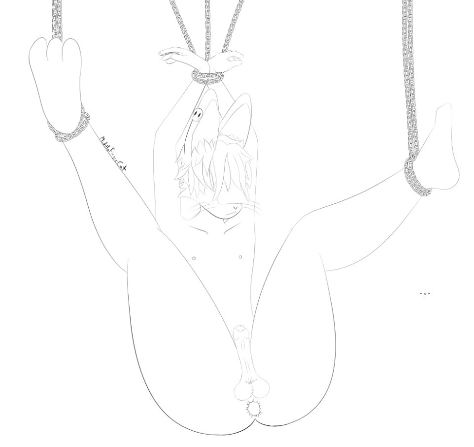 anal anthro anus arms_tied balls bdsm bound chain gaping gaping_anus genitals girly goth humanoid lagomorph legs_tied leporid male mammal middlefingercat penis rabbit serious_face sketch solo thick_thighs unfinished