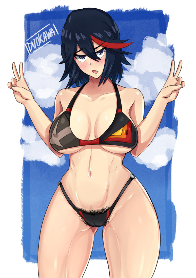 1girl ass_visible_through_thighs bikini black_bikini breasts cleavage covered_nipples double_v duo_kawa female_pubic_hair kill_la_kill large_breasts matoi_ryuuko multicolored_hair navel open_mouth pubic_hair pubic_hair_peek short_hair streaked_hair swimsuit v