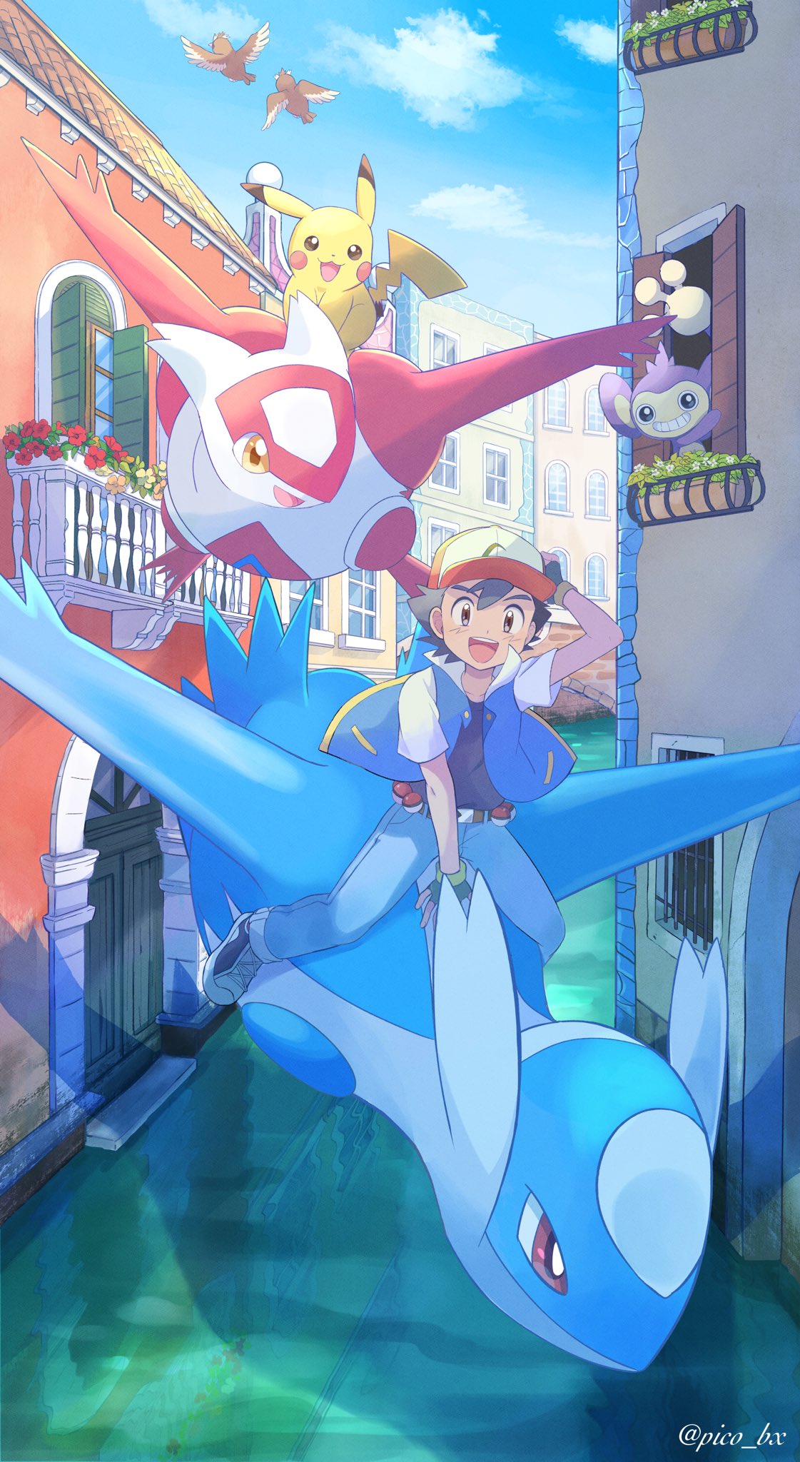 1boy :d aipom ash_ketchum bangs baseball_cap bird canal cloud commentary_request day fingerless_gloves gloves hat highres jacket latias latios male_focus mei_(maysroom) open_clothes open_jacket open_mouth outdoors pants pidgey pikachu pokemon pokemon_(anime) pokemon_(classic_anime) pokemon_(creature) pokemon_heroes:_latios_&amp;_latias riding riding_pokemon shirt shoes sitting sky smile sneakers teeth tongue twitter_username upper_teeth water