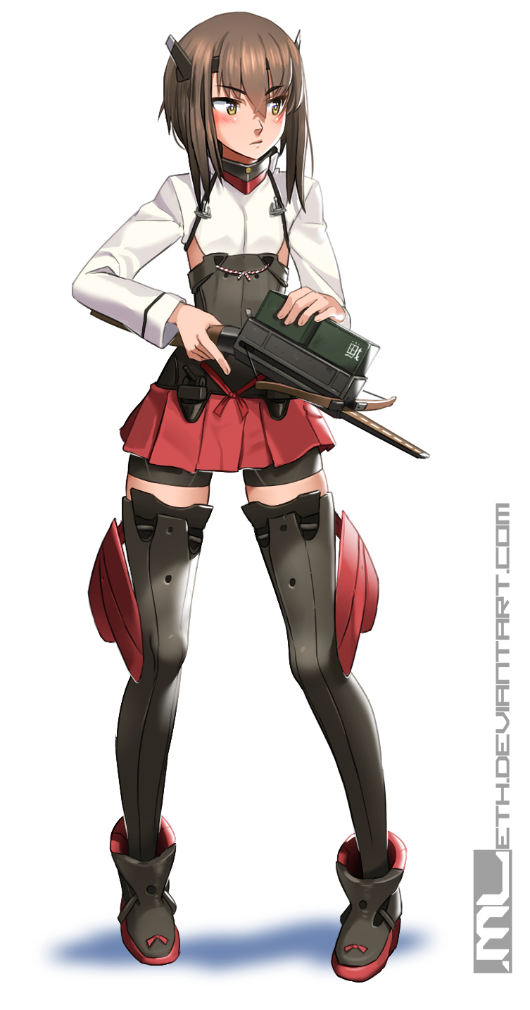 1girl bangs bike_shorts black_thighhighs brown_hair commentary crossbow deviantart_username english_commentary flat_chest full_body hair_between_eyes highres kantai_collection legs_apart long_sleeves looking_away looking_to_the_side mathias_leth red_skirt short_hair simple_background skirt solo standing taihou_(kancolle) thighhighs web_address white_background yellow_eyes