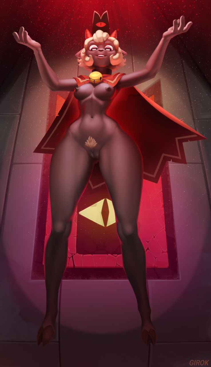 4_fingers anthro bell bell_collar bovid breasts cape caprine clothing collar crown cult_of_the_lamb female fingers girok hair hi_res horn lamb_(cult_of_the_lamb) looking_at_viewer mammal medium_breasts pubes raised_hand red_cape sheep short_hair solo video_games wide_hips