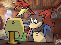 anthro avian backpack banjo-kazooie banjo_(banjo-kazooie) bird blue_eyes breegull brown_body computer detailed_background duo feathers female feral game_background green_eyes head_tuft jewelry kazooie low_res male mammal narrowed_eyes necklace potoobrigham rareware red_body red_feathers shark_tooth_necklace squint tuft ursid video_games