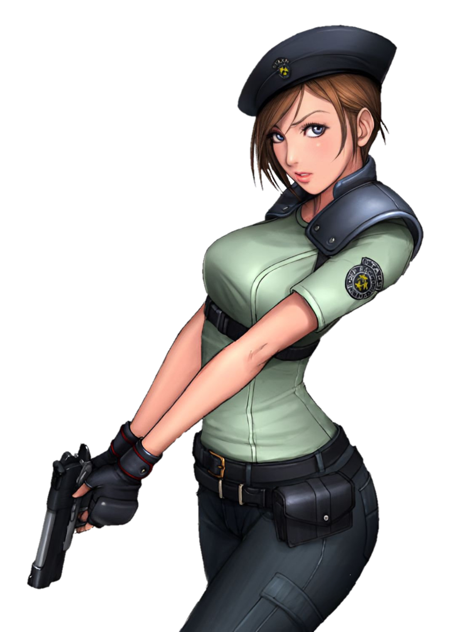1girl artist_request bangs black_gloves black_pants blue_eyes breasts brown_hair finger_on_trigger from_side gloves green_shirt gun handgun highres holding holding_gun holding_weapon jill_valentine looking_at_viewer medium_breasts non-web_source pants resident_evil resident_evil_3 shirt short_hair short_sleeves simple_background solo source_request swept_bangs weapon white_background