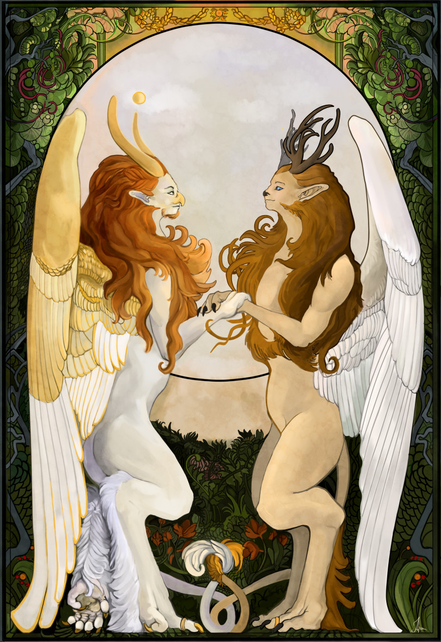 ambiguous_gender anthro art_nouveau brown_body brown_hair classical deity demon detailed_background diorionarh duo feathered_wings feathers forest fur grass hair hi_res horn intersex intersex/intersex leaf looking_each_other mythology nature plant red_hair renaissance romantic romantic_couple smile tree unknown_species white_body wings