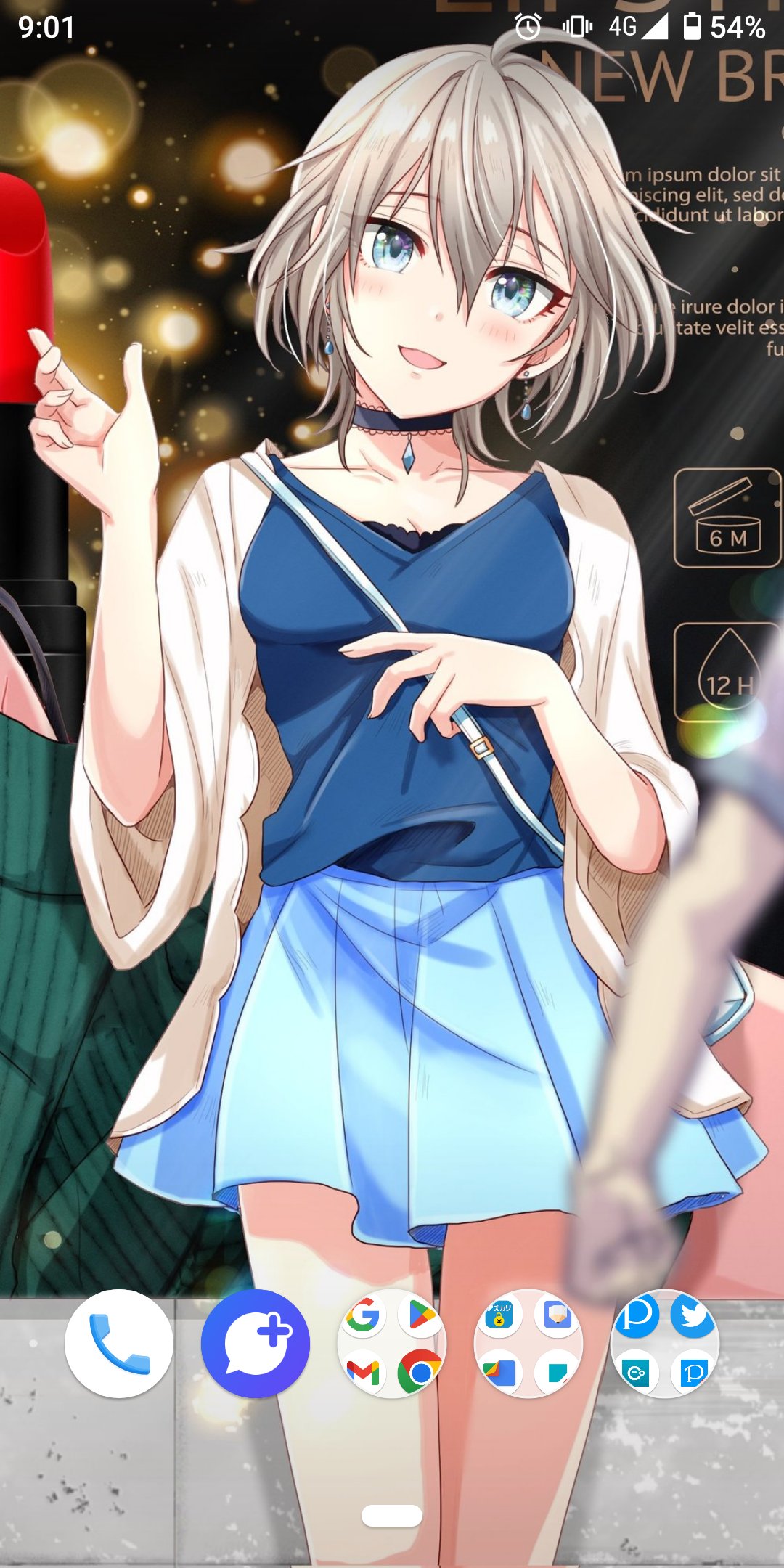 1girl ahoge anastasia_(idolmaster) bag bangs battery_indicator black_choker blue_bag blue_eyes blue_shirt blue_skirt blurry blurry_foreground blush breasts cardigan choker cleavage collarbone commentary_request extra eyelashes fake_screenshot google google_chrome google_maps google_play grey_hair hair_between_eyes hand_up highres holding_strap idolmaster idolmaster_cinderella_girls lipstick looking_at_viewer makeup medium_breasts messy_hair open_cardigan open_clothes open_mouth outdoors pixiv_logo popon_ta shirt short_hair shoulder_bag skirt smile thighs twitter_logo wide_sleeves