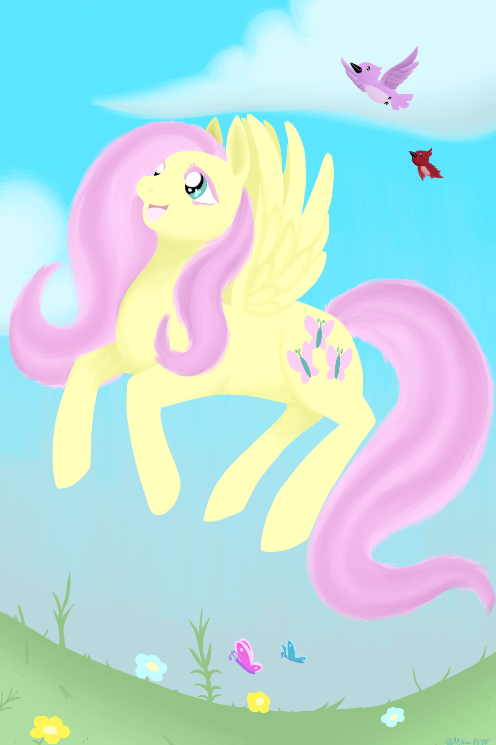 2:3 arthropod avian bird butterfly cutie_mark equid equine feathered_wings feathers female feral flower fluttershy_(mlp) friendship_is_magic fur grass hair hasbro hi_res horse insect lepidopteran lunarpanda8686 mammal my_little_pony pegasus pink_hair plant pony sky solo teal_eyes wings yellow_body