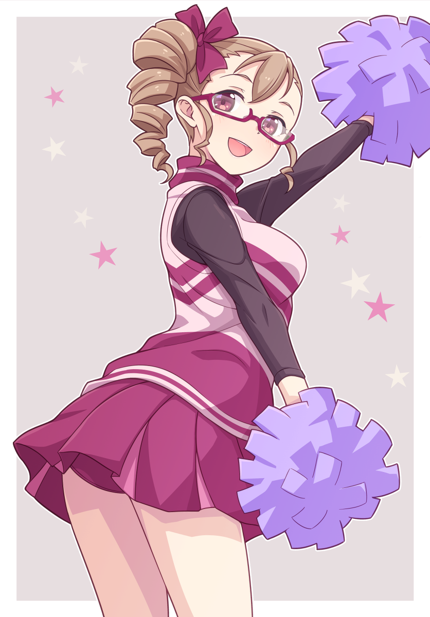 1girl :d arm_up ass bangs black_shirt blush breasts brown_hair buruma buruma_under_skirt cheerleader drill_hair e20 glasses grey_background highres holding long_sleeves looking_at_viewer looking_back medium_breasts original pleated_skirt pom_pom_(cheerleading) purple-framed_eyewear purple_buruma purple_shirt purple_skirt red_eyes semi-rimless_eyewear shirt side_drill side_ponytail skirt sleeveless sleeveless_shirt smile solo starry_background two-tone_background under-rim_eyewear undershirt white_background