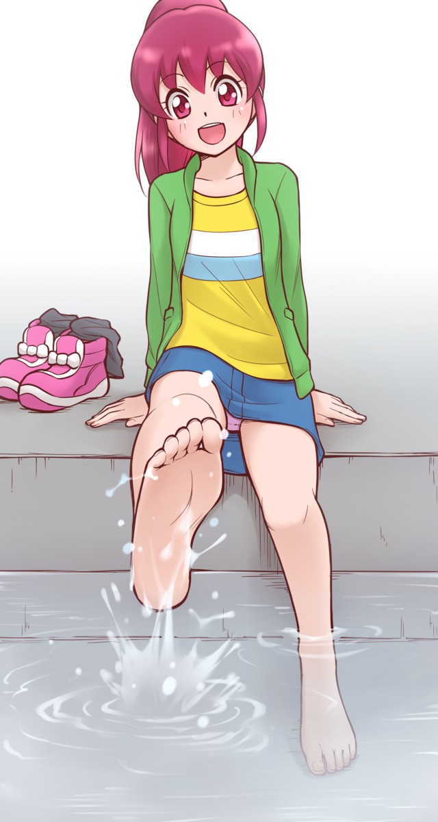 1girl :d aino_megumi bangs bare_legs barefoot blue_skirt footwear_removed full_body green_jacket hair_between_eyes happinesscharge_precure! high_ponytail highres jacket long_hair long_sleeves miniskirt ogry_ching open_clothes open_jacket panties pantyshot pencil_skirt pink_panties precure red_eyes red_hair shiny shiny_hair shirt sitting skirt smile soaking_feet soles solo splashing underwear water yellow_shirt