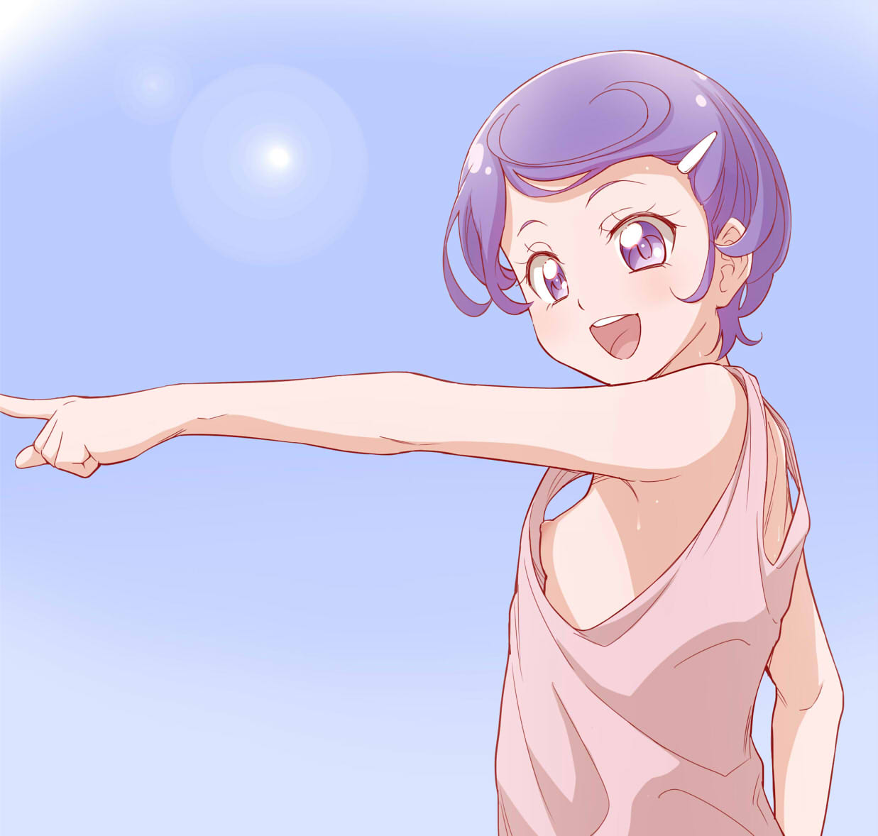 1girl :d bangs bare_arms blue_hair breasts dokidoki!_precure from_side grey_tank_top index_finger_raised kenzaki_makoto lens_flare nipples ogry_ching open_mouth precure purple_eyes shiny shiny_hair short_hair shoulder_blades small_breasts smile solo swept_bangs tank_top upper_body