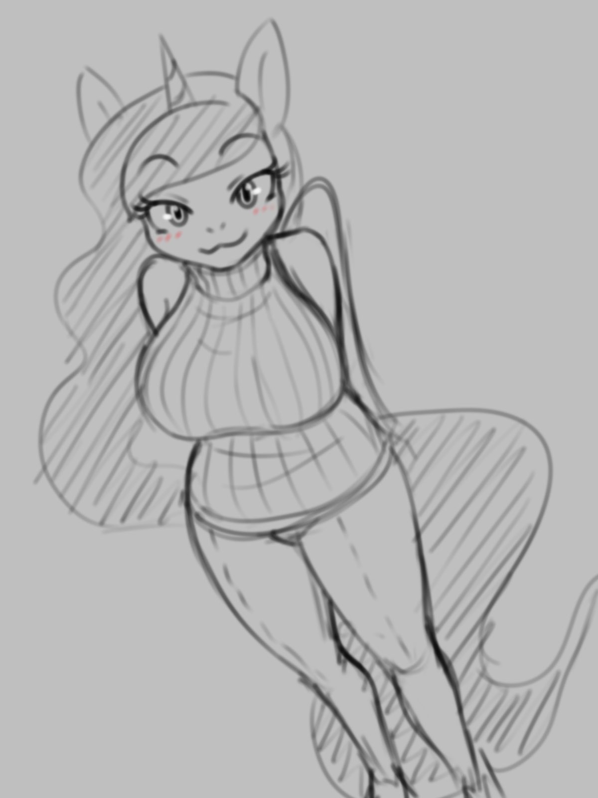 2021 3:4 anthro bare_shoulders big_breasts blush bottomwear breasts clothing equid equine female friendship_is_magic greyscale hasbro hi_res horn horse looking_at_viewer mammal monochrome my_little_pony pants pony princess_luna_(mlp) restricted_palette sketch smile solo standing sweater tight_bottomwear tight_clothing tight_pants topwear wbfactorynsfw wbnsfwfactory winged_unicorn wings