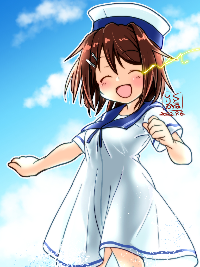 1girl artist_logo blue_sailor_collar blue_sky breasts brown_hair closed_eyes cloud commentary_request cowboy_shot dated dress feet_out_of_frame furutaka_(kancolle) glowing glowing_eye hat hiburi_(kancolle) kantai_collection kutone_shirika medium_breasts sailor_collar sailor_dress sailor_hat short_hair short_sleeves sky smile solo white_dress white_headwear