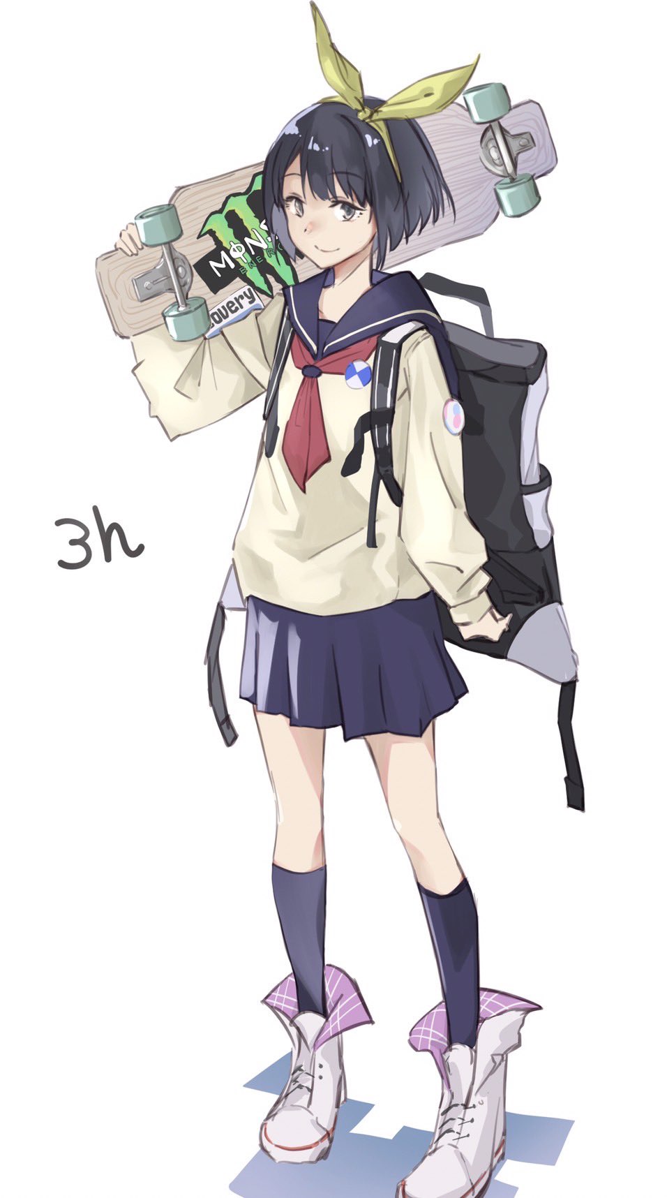 1girl asymmetrical_bangs backpack badge bag bangs black_hair blue_sailor_collar blue_skirt bow_hairband button_badge character_request converse copyright_request dot_nose full_body grey_eyes hairband hand_up highres holding holding_skateboard long_sleeves looking_at_viewer monster_energy neckerchief nemu_oekaki pleated_skirt red_neckerchief sailor_collar school_uniform serafuku shadow shoelaces short_hair simple_background skateboard skirt smile solo standing strap tachi-e white_background white_footwear yellow_hairband