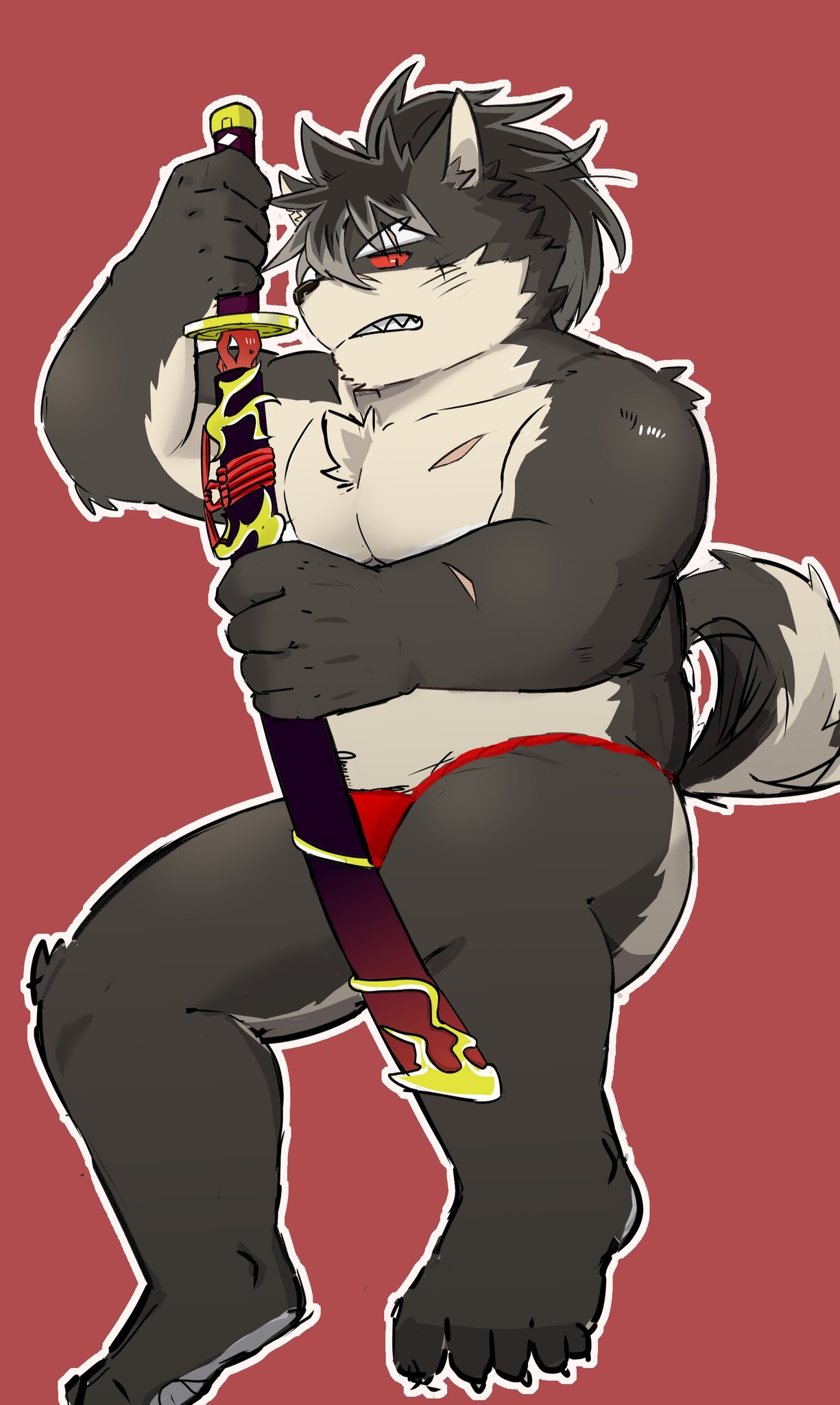 angry anthro asian_clothing belly canid canine canis clothing domestic_dog east_asian_clothing fundoshi fur grey_body grey_fur hair hi_res japanese_clothing katana l3yj2vcknincza7 lifewonders long_hair male mammal melee_weapon musclegut pecs ponytail scar shino_(housamo) solo sword tokyo_afterschool_summoners underwear video_games weapon