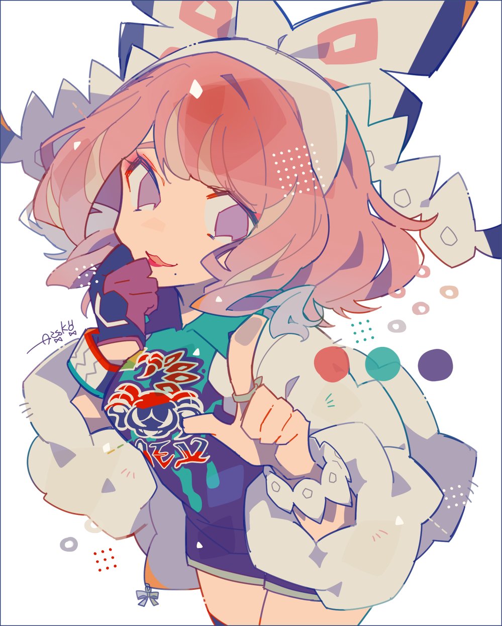 auko bow bracelet clenched_hand coat collared_shirt dynamax_band eyeshadow fur_coat fur_jacket gloves hair_bow hand_on_own_face highres jacket jewelry klara_(pokemon) makeup mole mole_under_mouth partially_fingerless_gloves pink_eyeshadow pink_hair pink_lips pointing pointing_up pokemon pokemon_(game) pokemon_swsh purple_eyes ring shirt shorts signature single_glove thighhighs white_background white_bow white_coat white_jacket
