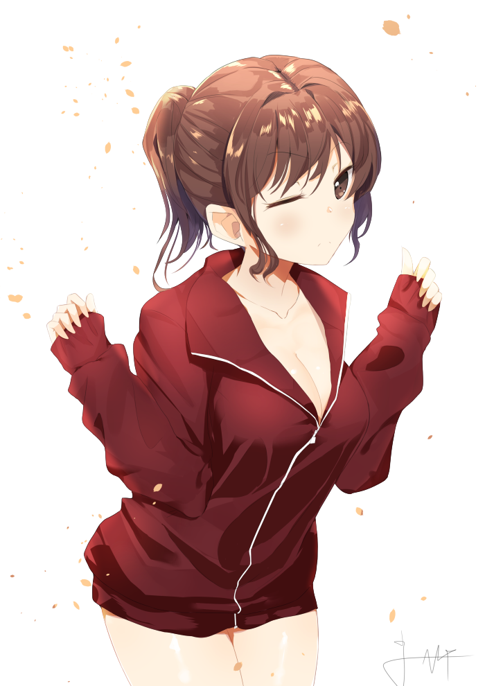 1girl 714_(leg200kr) bangs blush breasts brown_hair cleavage closed_mouth collarbone commentary cowboy_shot eyebrows_visible_through_hair frown jacket large_breasts long_sleeves looking_at_viewer naked_track_jacket one_eye_closed original ponytail red_eyes red_jacket short_hair signature solo track_jacket