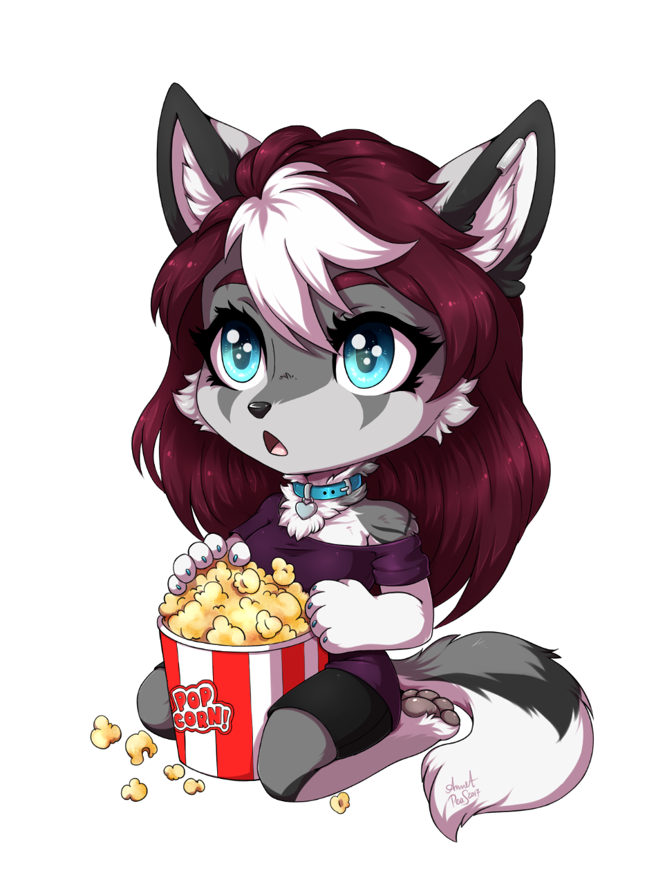 2017 alpha_channel annetpeas anthro blue_eyes brown_hair canid canine canis chibi clothing collar dipstick_tail female food fur grey_fur hair mammal multicolored_tail popcorn signature simple_background solo transparent_background wolf
