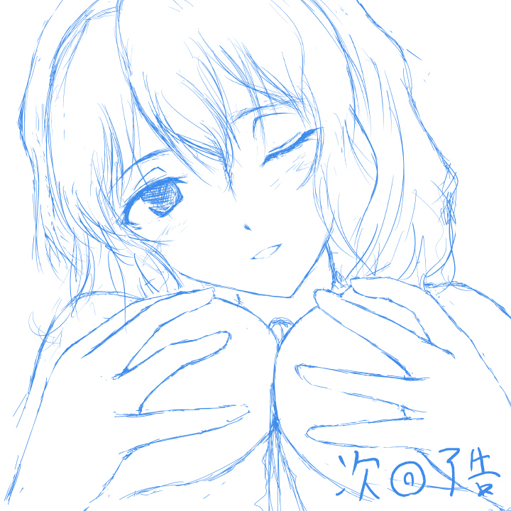 alice_margatroid breasts kuku_px large_breasts monochrome one_eye_closed sketch solo_focus topless touhou