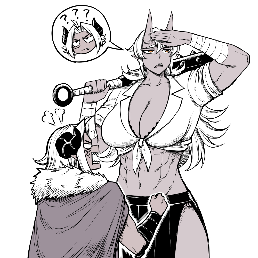 2girls ? ?? abs alvida_(peach_momozen) anger_vein arm_wrap breasts cape cleavage collarbone delinquent demon_girl demon_horns fur_cape horns kirika_(peach_momozen) large_breasts multiple_girls oni oni_horns original peach_(momozen) red_eyes sharp_teeth teeth