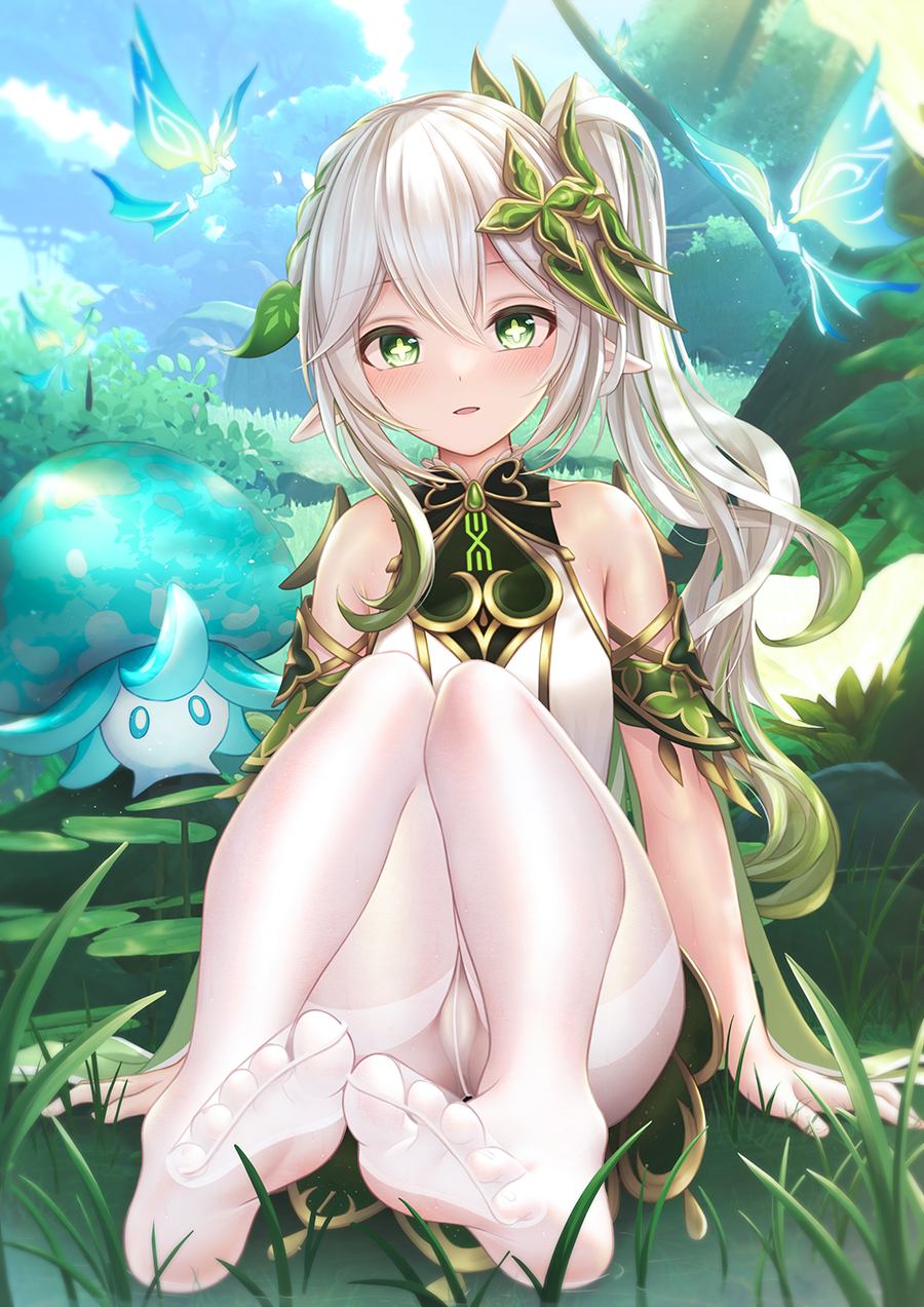 1girl bae.c bangs bare_shoulders blue_butterfly blush braid bug butterfly colored_tips crystalfly_(genshin_impact) day dress feet foot_focus foreshortening full_body fungi_(genshin_impact) gem genshin_impact gradient_hair grass green_gemstone hair_ornament highres knees_up leaf_hair_ornament long_hair looking_at_viewer multicolored_hair nahida_(genshin_impact) nature no_shoes outdoors panties pantyhose pantyshot parted_lips plant pointy_ears ponytail side_ponytail sidelocks sitting sleeveless sleeveless_dress smile soles solo toes two-tone_hair underwear white_dress white_hair white_panties white_pantyhose