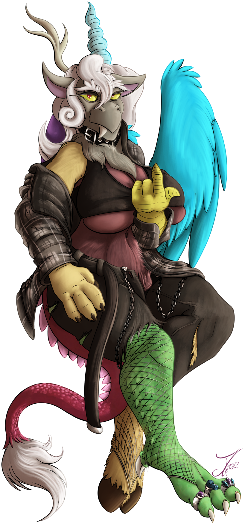 alpha_channel anthro belt bottomwear breasts chimera clothed clothing cloven_hooves crossgender digit_ring discord_(mlp) draconequus female fishnet friendship_is_magic hasbro hi_res hooves james_corck jewelry my_little_pony open_bottomwear open_clothing pants pubes ring simple_background solo toe_ring topwear transparent_background under_boob unguligrade_anthro