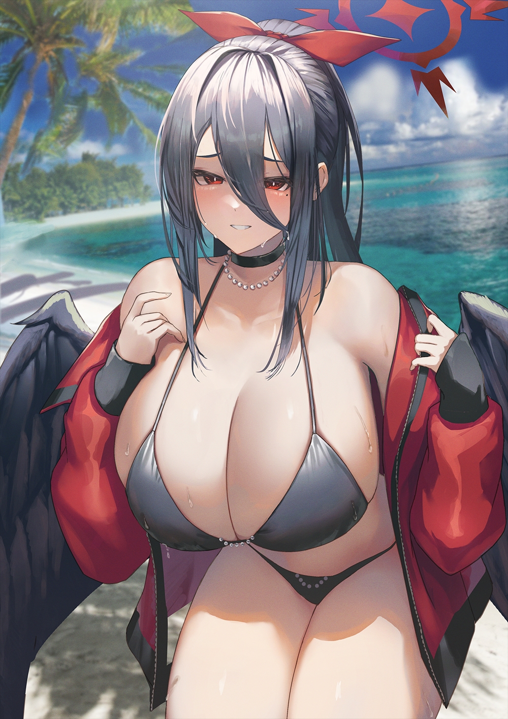 1girl bangs beach bikini black_bikini black_hair black_wings blue_archive blush breasts choker cleavage hair_between_eyes halo hasumi_(blue_archive) highres huge_breasts jacket jewelry long_hair looking_at_viewer mole mole_under_eye necklace ocean plaster_(2501) red_eyes red_jacket smile solo swimsuit teeth thighs wings