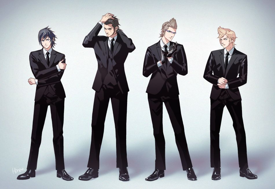 4boys adjusting_clothes adjusting_gloves adjusting_hair adjusting_sleeves black_footwear black_gloves black_hair black_jacket black_necktie black_panther black_suit blonde_hair brown_hair collared_shirt crossed_arms dress_shoes facial_hair final_fantasy final_fantasy_xv formal full_body gladiolus_amicitia glass gloves hair_between_eyes hair_slicked_back hinoe_(dd_works) ignis_scientia jacket long_sleeves multiple_boys necktie noctis_lucis_caelum prompto_argentum scar scar_across_eye shirt short_hair sideburns spiked_hair standing suit suit_jacket waistcoat white_shirt