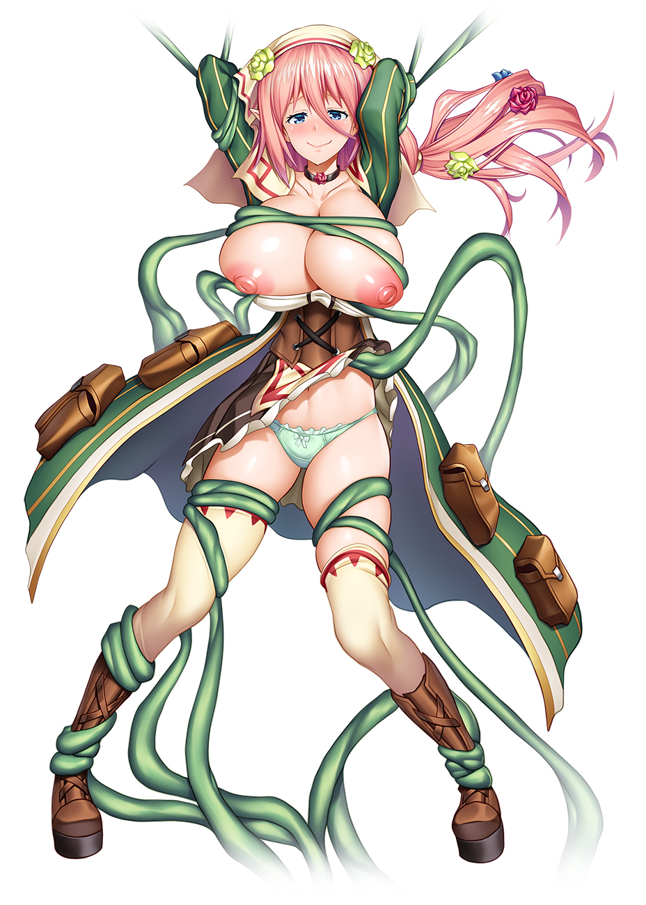 accessory areola asahi big_breasts blue_eyes boots breasts cleavage clothed clothing corset digital_media_(artwork) dress elf female flower flower_in_hair footwear green_clothing green_dress green_panties green_tentacles green_underwear hair hair_accessory hi_res huge_breasts humanoid humanoid_pointy_ears legwear light_body light_skin lingerie looking_at_viewer merme_elchim navel nipples not_furry nude panties pink_hair plant purse solo taimanin_(series) tentacles thigh_highs topwear underwear veil white_clothing white_legwear white_thigh_highs