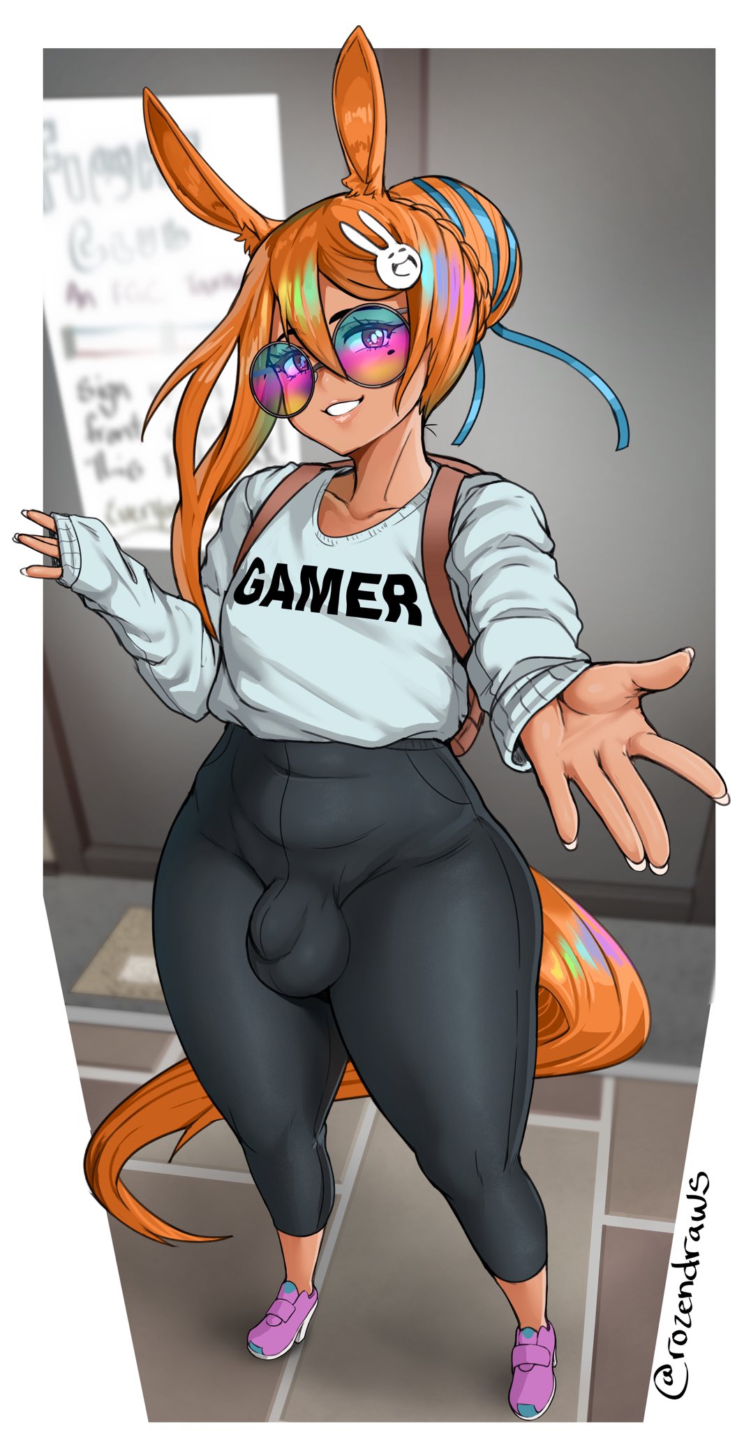 animal_humanoid balls_outline bottomwear bulge clothed clothing equid equid_humanoid equine equine_humanoid eyewear fully_clothed gaikiken genital_outline girly glasses hair hi_res highlights_(coloring) horse_humanoid humanoid looking_at_viewer male mammal mammal_humanoid orange_hair pants penis_outline roz-chan shirt smile solo topwear yoga_pants